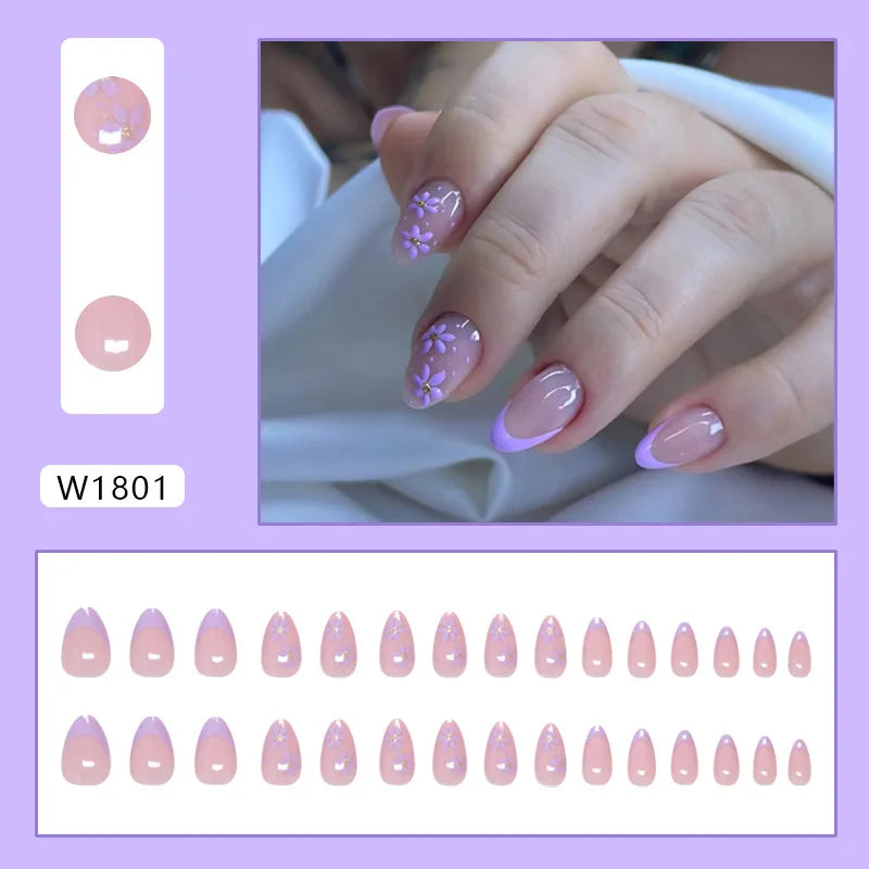 Caramel Flower 24 Pcs Press on Nails Pink Gradient  Glossy Artificial  Reusable Nails