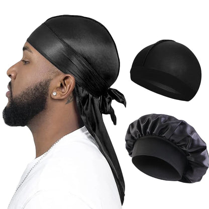 Men Silky Durag Long Tail Pirate Hat Headband Turban Bonnet