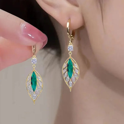 Green Crystal Golden Leaves Earrings Individuality Daily Accessories