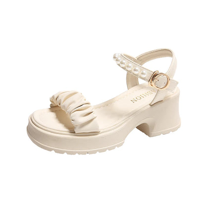 Comfortable Round Toe Open Toe Pearl Chain Buckle Thick Sole Waterproof Platform