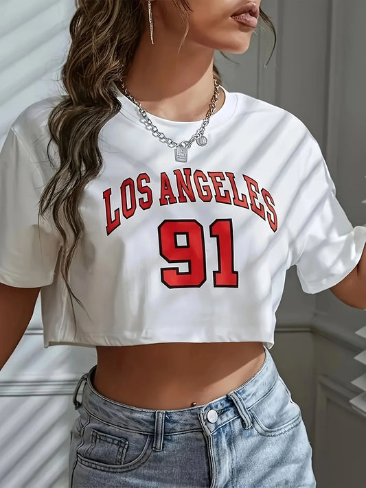 Los Angeles Number 91 Round Neck Casual Crop Top Women's Activewear