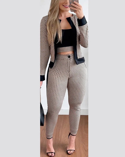 3 Piece Set Plaid Print Crop Top & Pants Set With Coat Fashion Casual Elegant Set