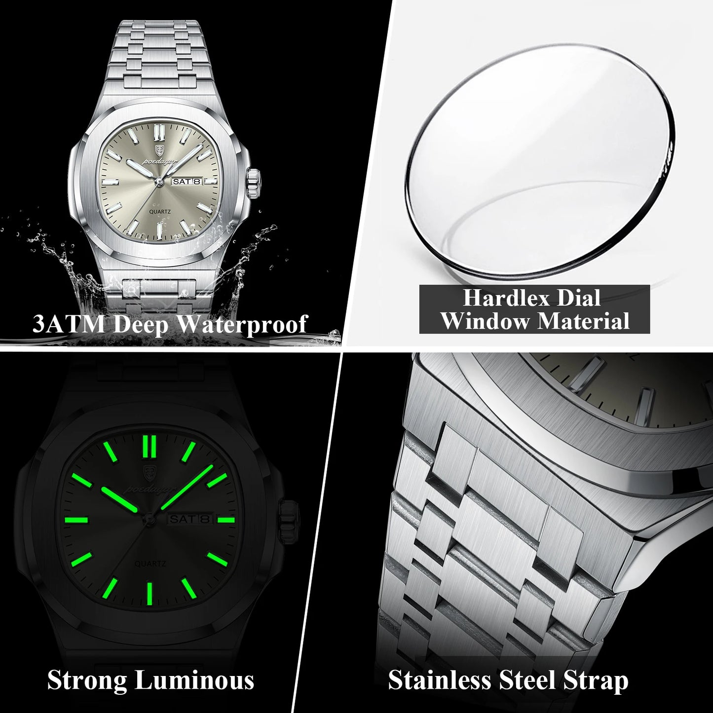 Luxury Military Man Square Waterproof Luminous Stainless Steel Quartz  Watches+box