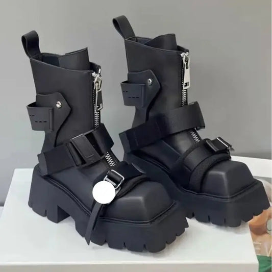European style Square Toe Thick Heel Women Leather Front Zipper Short Belt Buckle Fashion Chelsea Boots