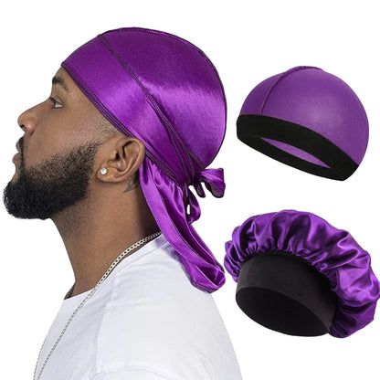 Men Silky Durag Long Tail Pirate Hat Headband Turban Bonnet