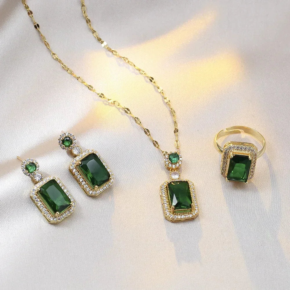 Emerald Color Earring Necklace Rings Set