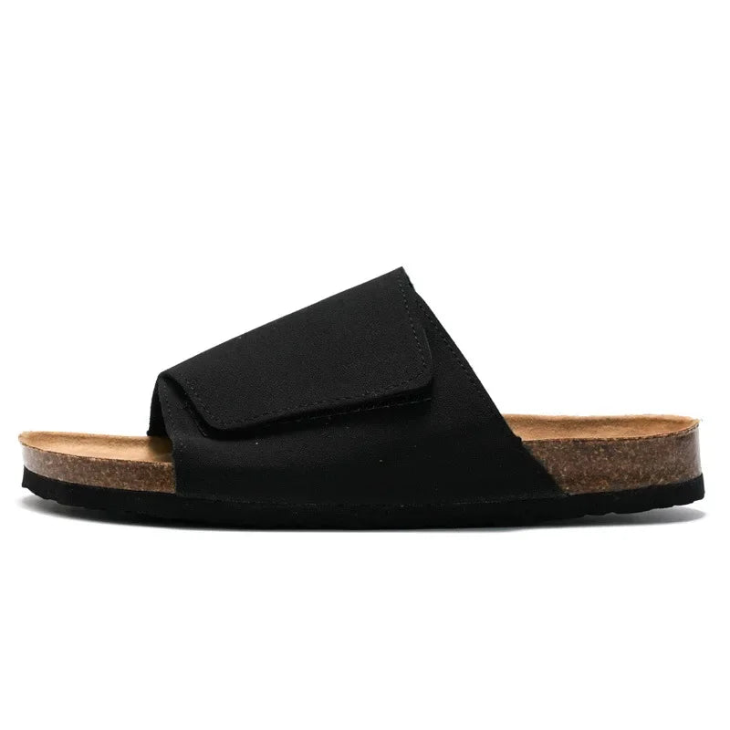 Suede Leather Cork Slippers for Men Classic Flat Shoes Summer Men Outside Beach Sandals Man Roman Comfortable Slides