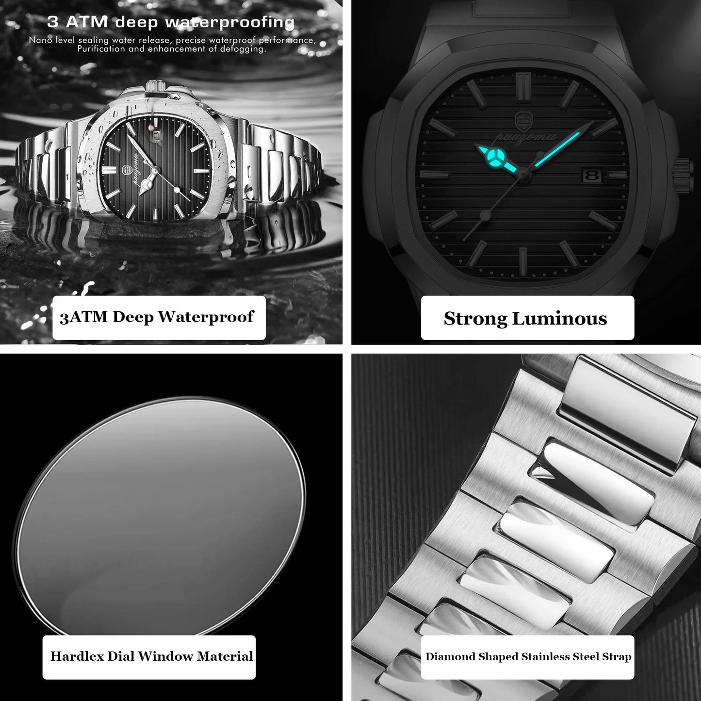 Waterproof Luminous Quartz Chronograph Watch  Stainless Steel for men