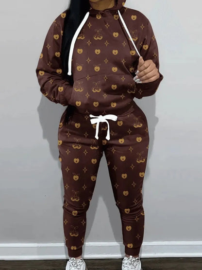 Two Pieces Leopard Print Kangaroo Pocket Tracksuit Set