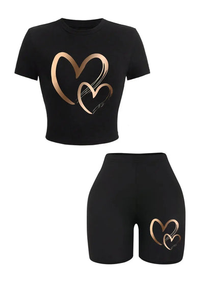 Slim-fit T-Shirts & Shorts 2 Pieces Set Simple Hearts