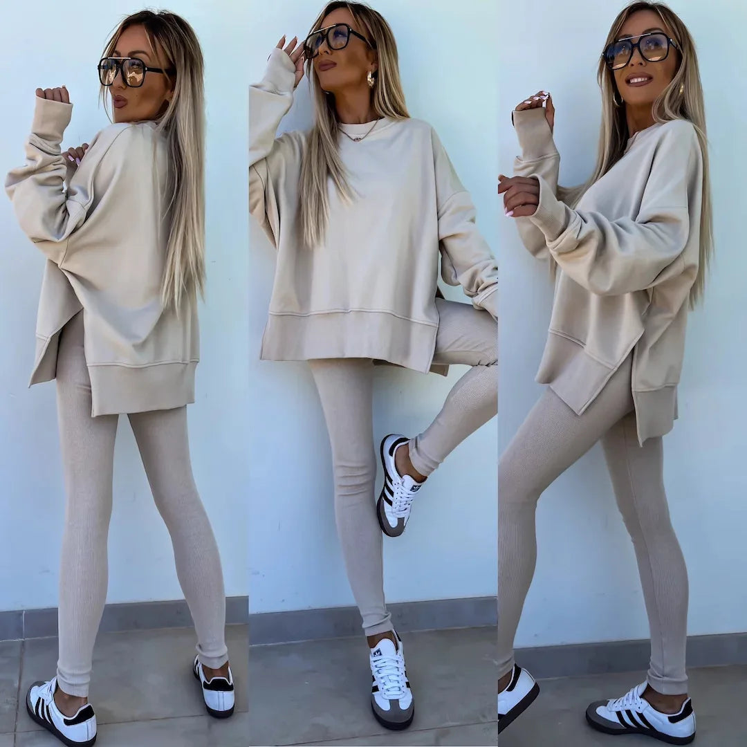 Two Pieces Solid Loose Sweatshirts Split Pullover Pencil Pants