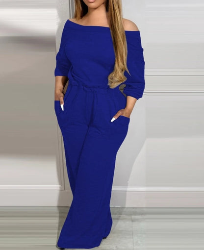 Solid Color Casual Backless Long Sleeved Pocket High Waist Jumpsuit