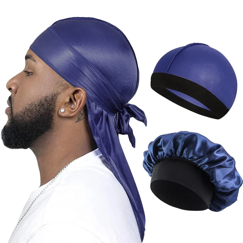 Men Silky Durag Long Tail Pirate Hat Headband Turban Bonnet