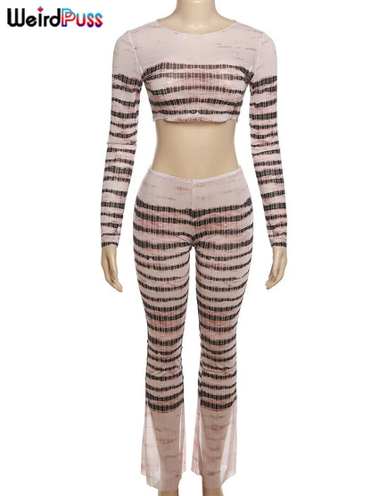 2Piece Set Women Striped Skinny Stretch o-Neck Long Sleeve Crop Tops+Pants