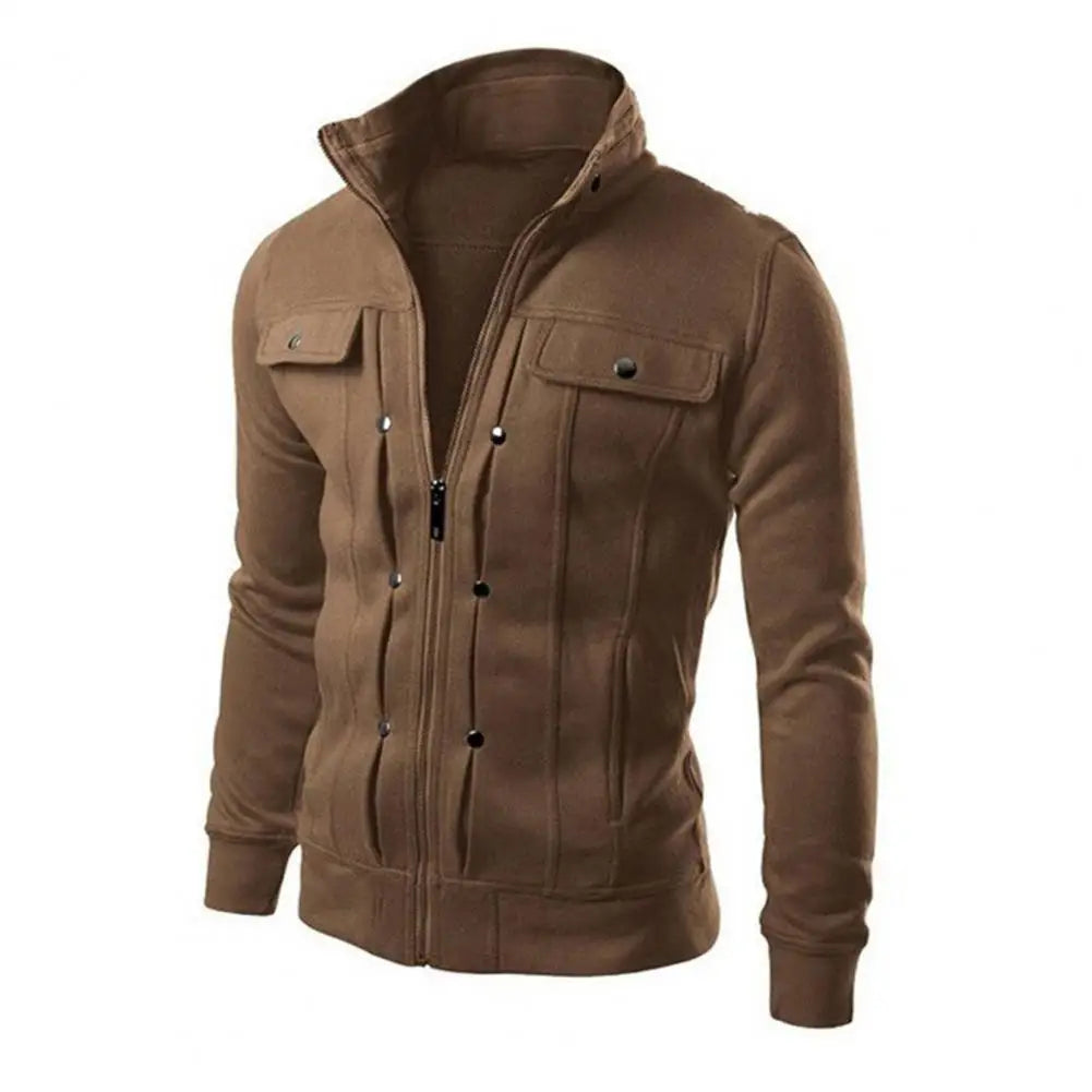 Outerwear Solid Color Stand Collar Jacket with Buttons Zipper Closure for Spring Autumn Long for Men