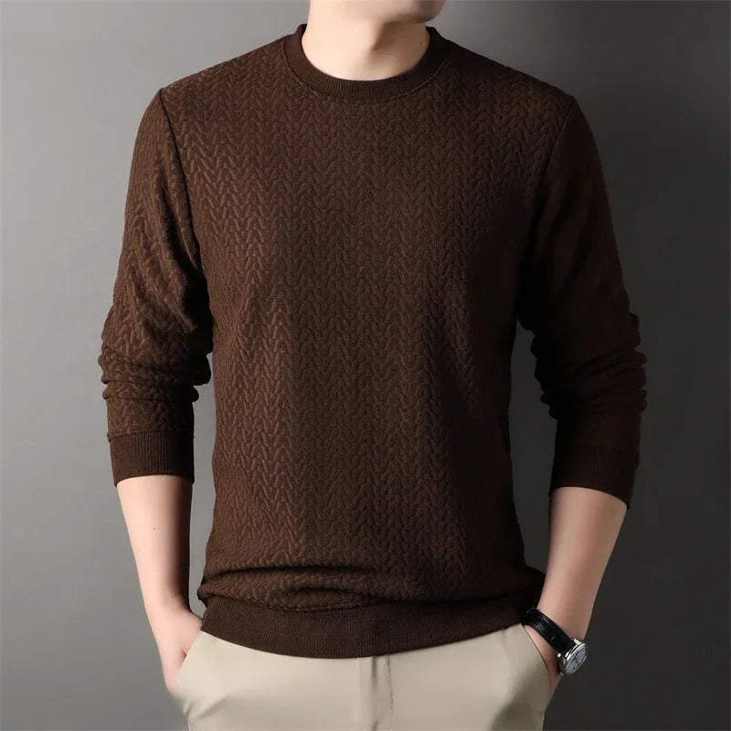 Men's Casual Jacquard Long Sleeved Round Neck Casual T-shirt Fashion Top