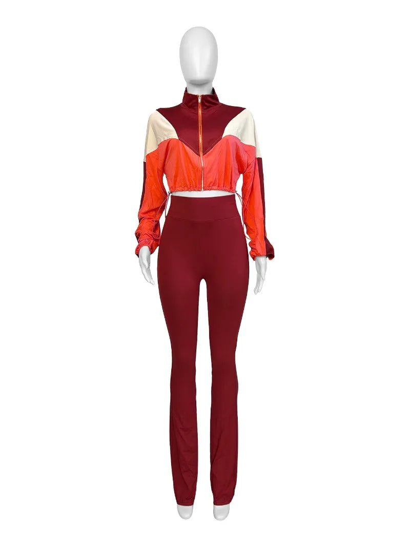 Casual 2 Piece Set Color Patchwork Long Sleeve Zip-up Jackets Crop Top + High Waist Flare Pants