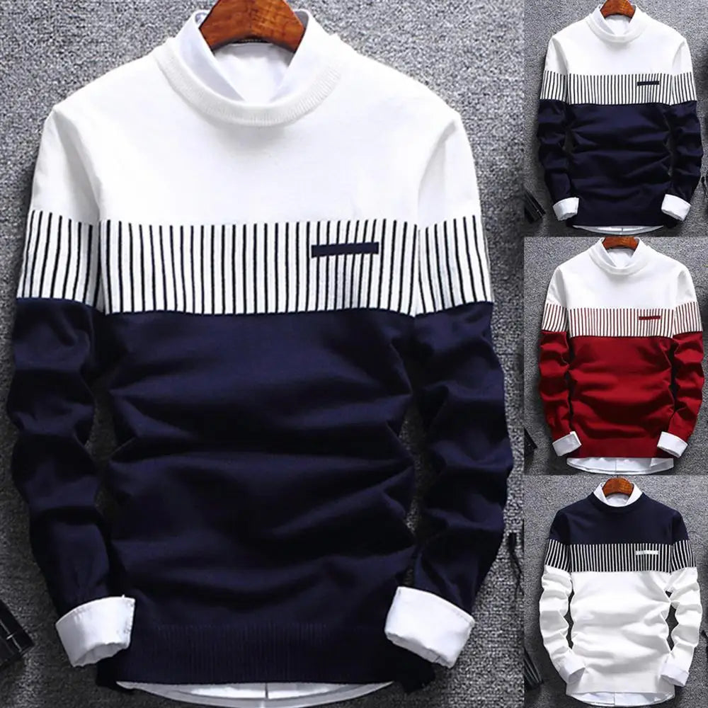 Pullover Color Block Patchwork O Neck Long Sleeve Knitted Sweater For Men