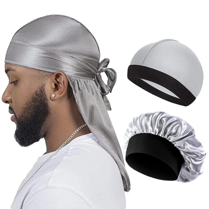 Men Silky Durag Long Tail Pirate Hat Headband Turban Bonnet