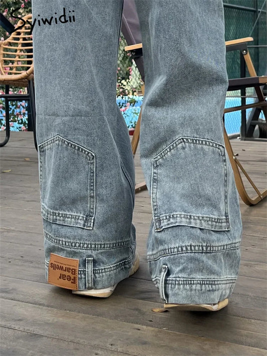 American Retro Baggy High Waisted Jeans High Street Reversible Trousers Streetwear Loose Jeans