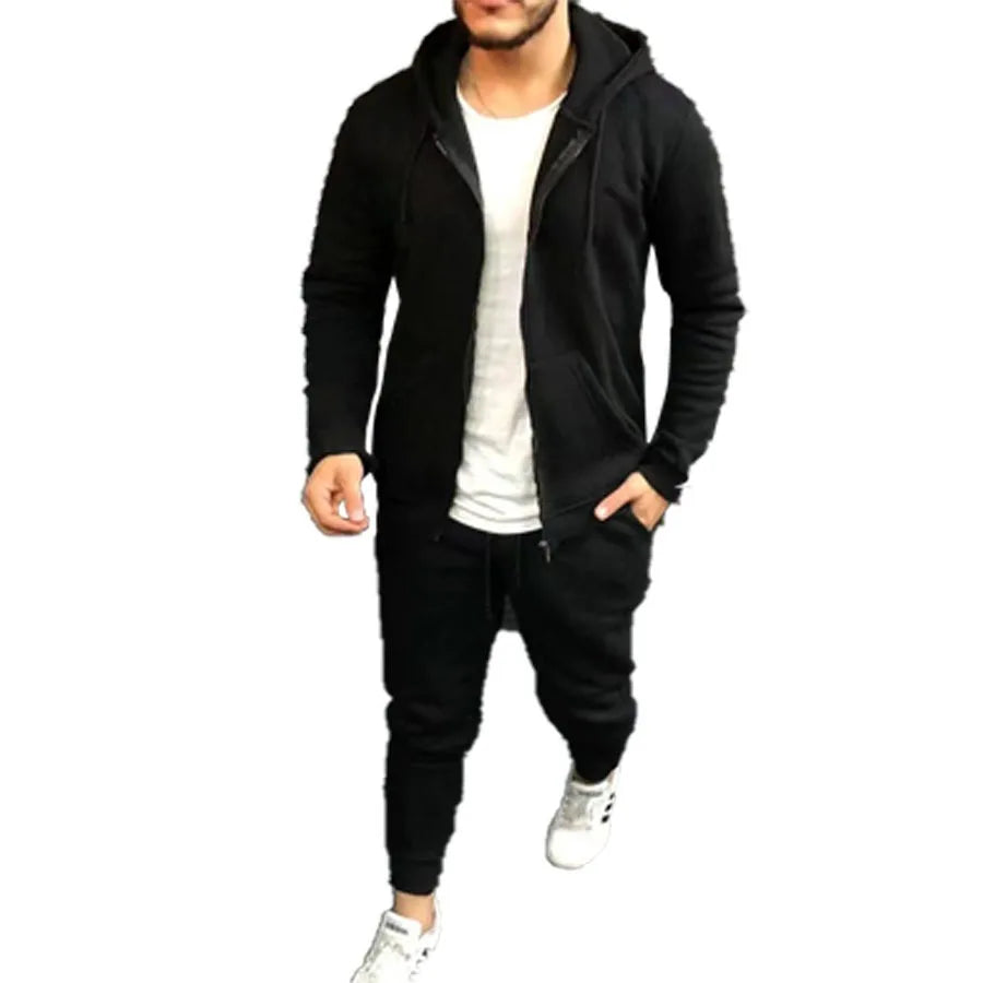 Solid Color Fashion Casual Suit Hooded Cardigant and Trousers Menswear Set