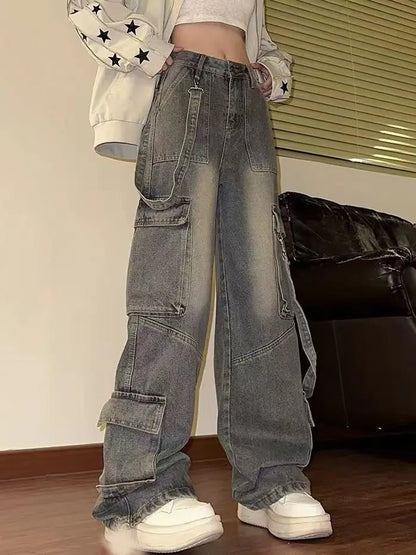 American Retro Overalls Loose Slim Jeans High Waist Straight Wide Leg Pants Trendy