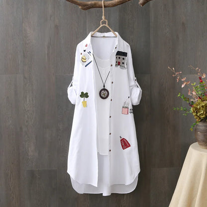 Cotton Embroidery Loose Long White Shirts Casual Lady Loose shirt