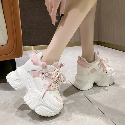 Platform Sneakers Lace-up Chunky Casual Shoes Woman Thick Bottom Mesh White Shoes