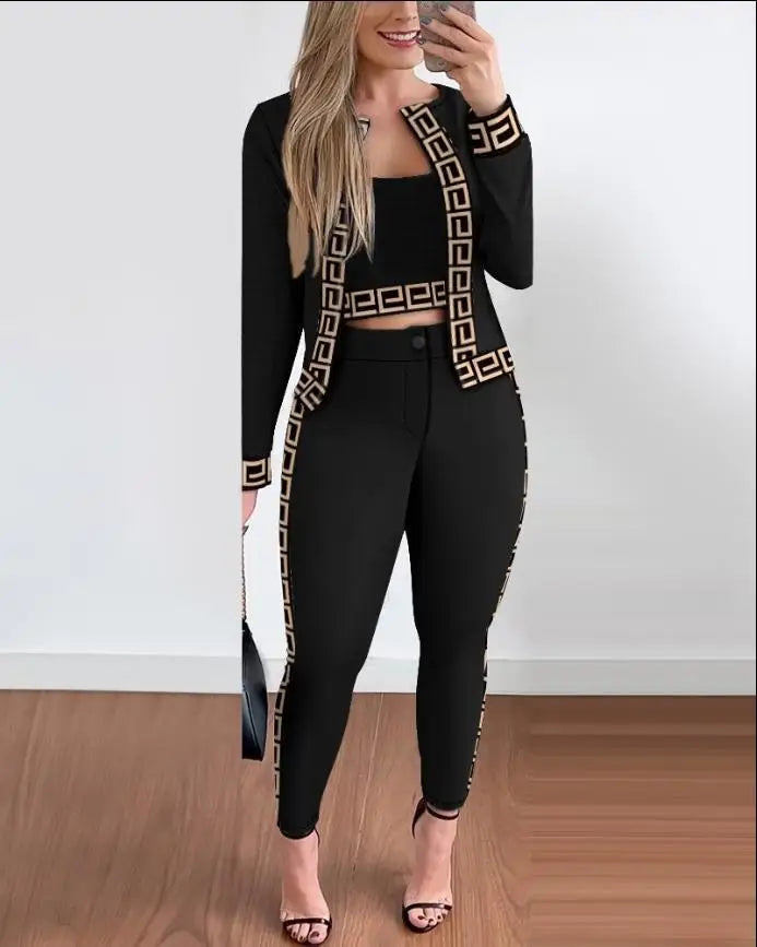 3 Piece Set Plaid Print Crop Top & Pants Set With Coat Fashion Casual Elegant Set