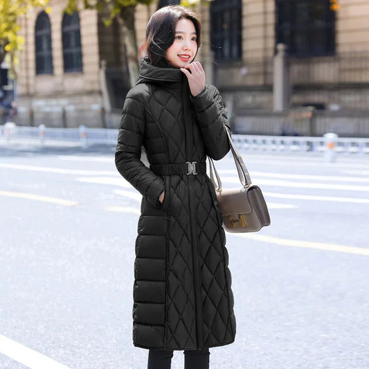 Women's Hooded Winter Down Cotton Padded Jacket Slim Belt Long Solid Color Outdoor Warm Casual  Parkas