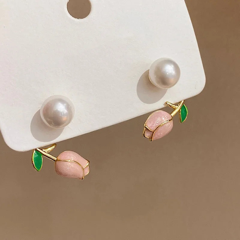 Light  Pink Tulip Flower Pearl Stud Earrings