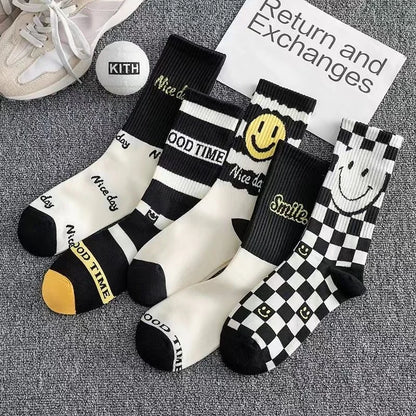 5 Pairs of Black and White Smiley Face Mid-calf Socks