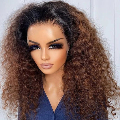 Soft 26 "Long Ombre Honey Blonde Brown 180Density Kinky Curly Lace Front Wig For Black Women BabyHair Glueless Preplucked