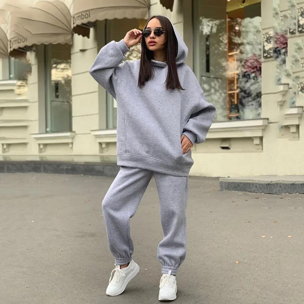 European Style  New Fashion Solid Color Hooded Sweatshirt Casual 2-Piece Set