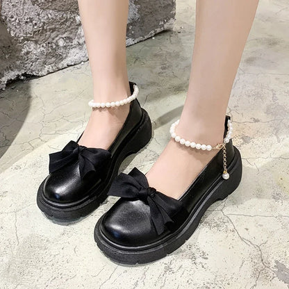 Thick Platform Mary Janes Lolita Bow Chain Shoes