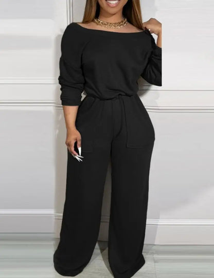 Solid Color Casual Backless Long Sleeved Pocket High Waist Jumpsuit