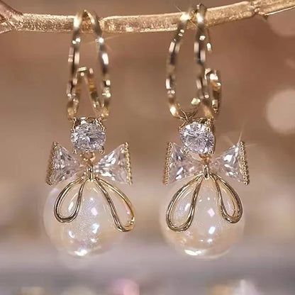 Bow Knot Round Pearl Pendant Gold Color C Shape Earrings