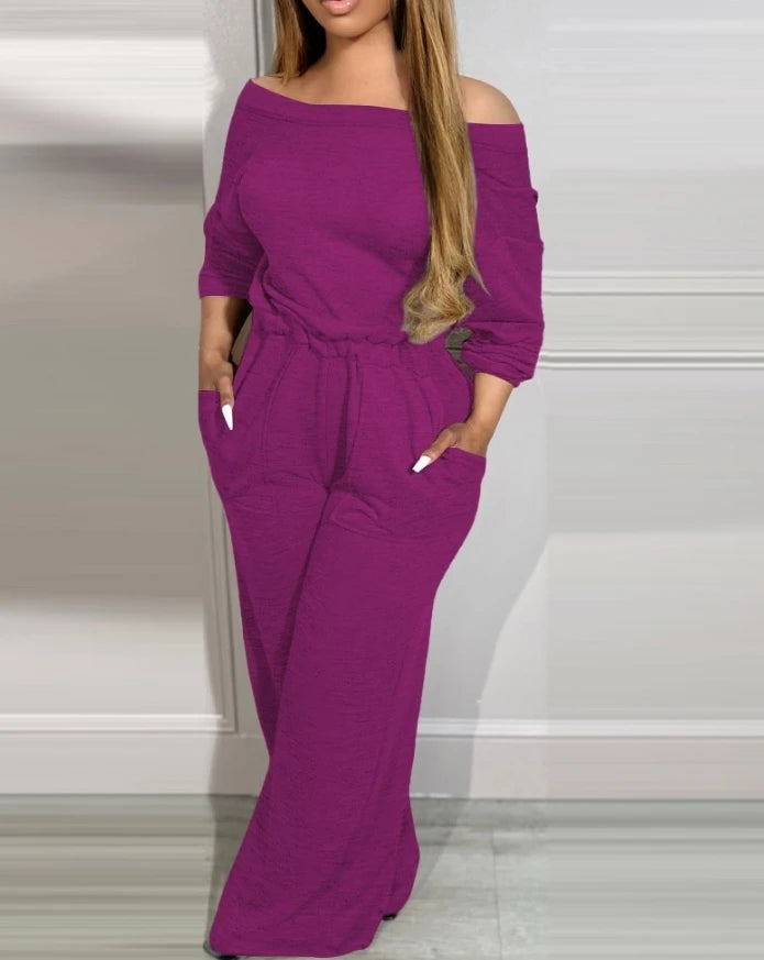 Solid Color Casual Backless Long Sleeved Pocket High Waist Jumpsuit