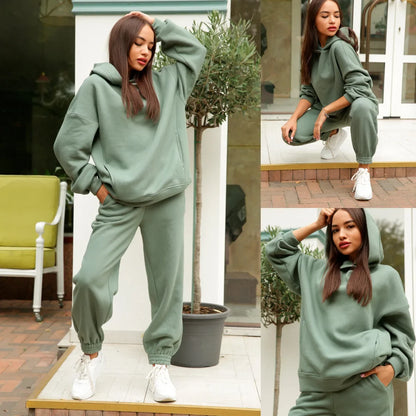 European Style  Solid Color Hooded Sweatshirt Casual 2-Piece Set Suit