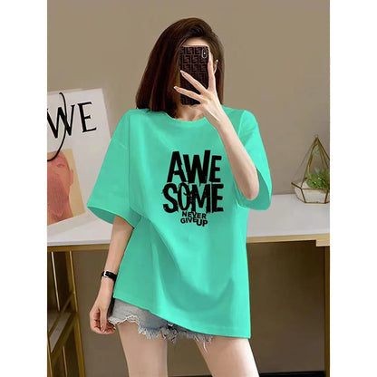 Chic Letter Print Basic Top Tees Fashion Pure Cotton O-neck Short Sleeve T-shirt Loose