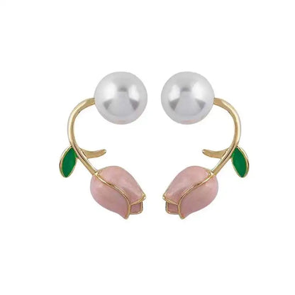 Light  Pink Tulip Flower Pearl Stud Earrings