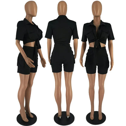 Two Piece Set Outfits Pockets Short Sleeve Button-Up Shirt Top Short Sets Party Club Matching Sets