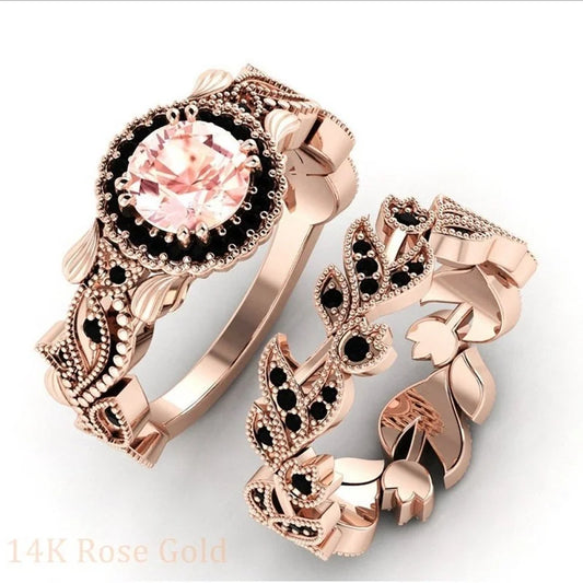 2 Pieces/set Exquisite Rose Gold Color Black Zircon Ring Vintage Flower