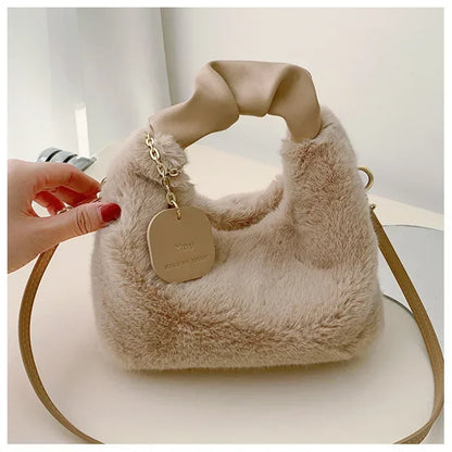 Women Faux Fur Plush Handbags Ruched Handle