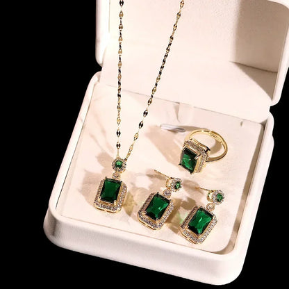 Emerald Color Earring Necklace Rings Set