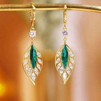 Green Crystal Golden Leaves Earrings Individuality Daily Accessories