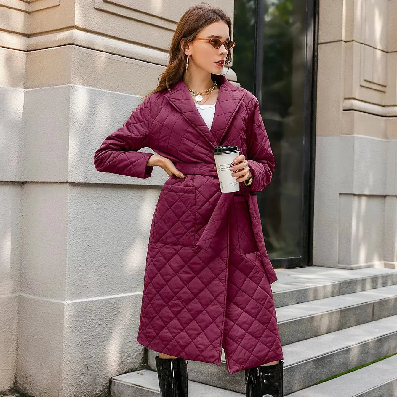 Winter Quilted Coats Women Long Parkas Vintage Plaid Loose Belt Jacket Overcoat