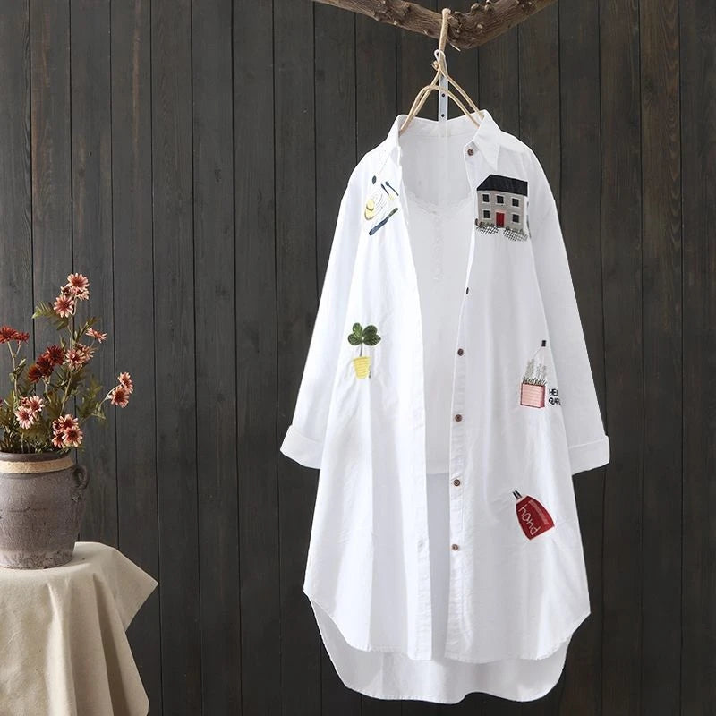 Cotton Embroidery Loose Long White Shirts Casual Lady Loose shirt