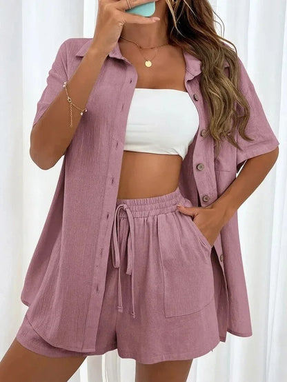 Single breasted Top Broad legged Shorts Set