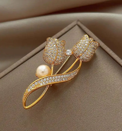 Golden Tulip Flower Imitation Pearl Brooch